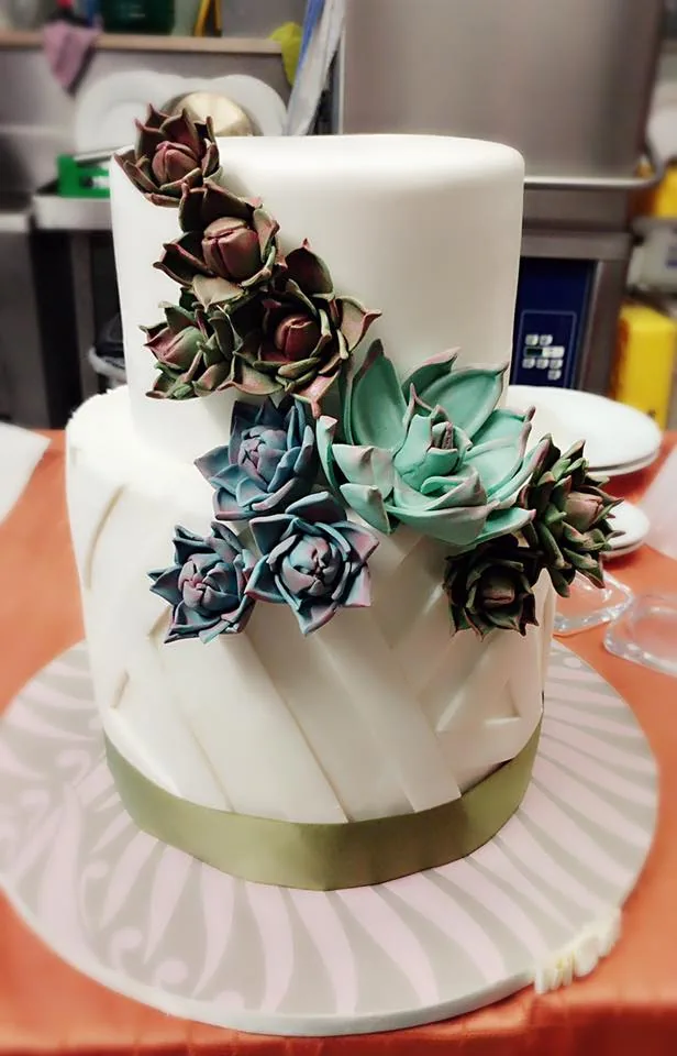 Torta nuziale bianca a due piani con pieghe di pasta di zucchero, nastro verde oliva e cascata di succulente colorate.