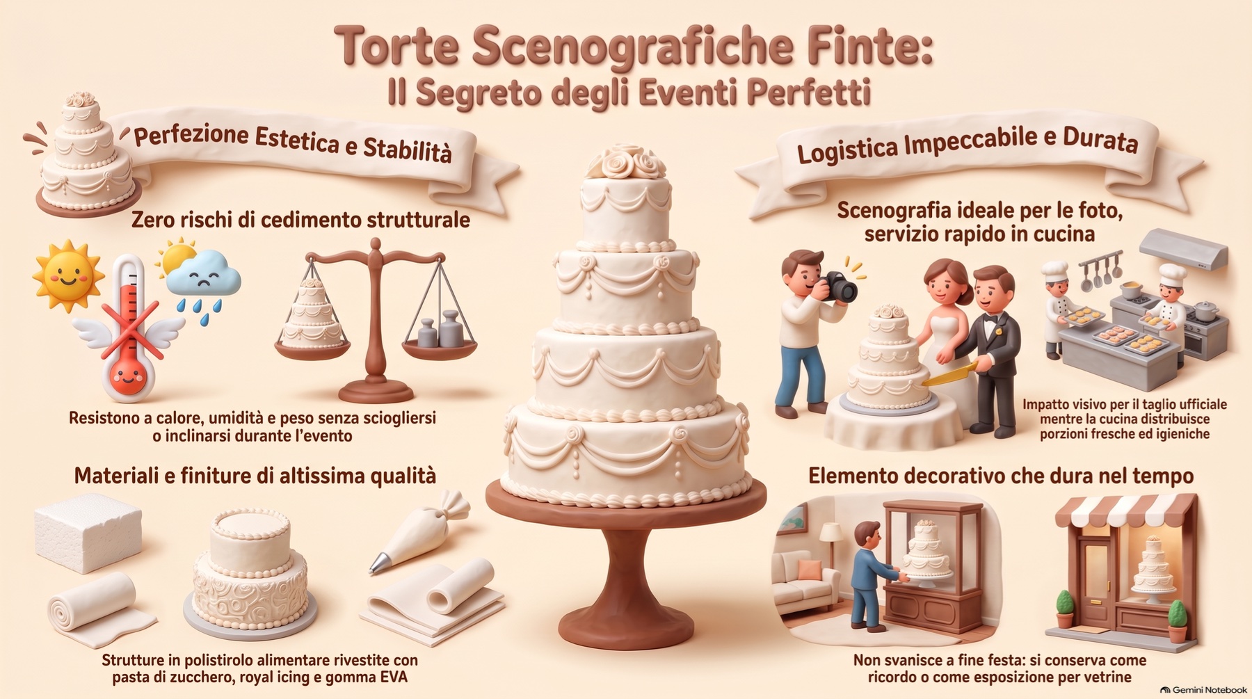Infografica sulle torte scenografiche finte, con una torta bianca a quattro piani, materiali decorativi e scene di matrimonio e di esposizione in vetrina.