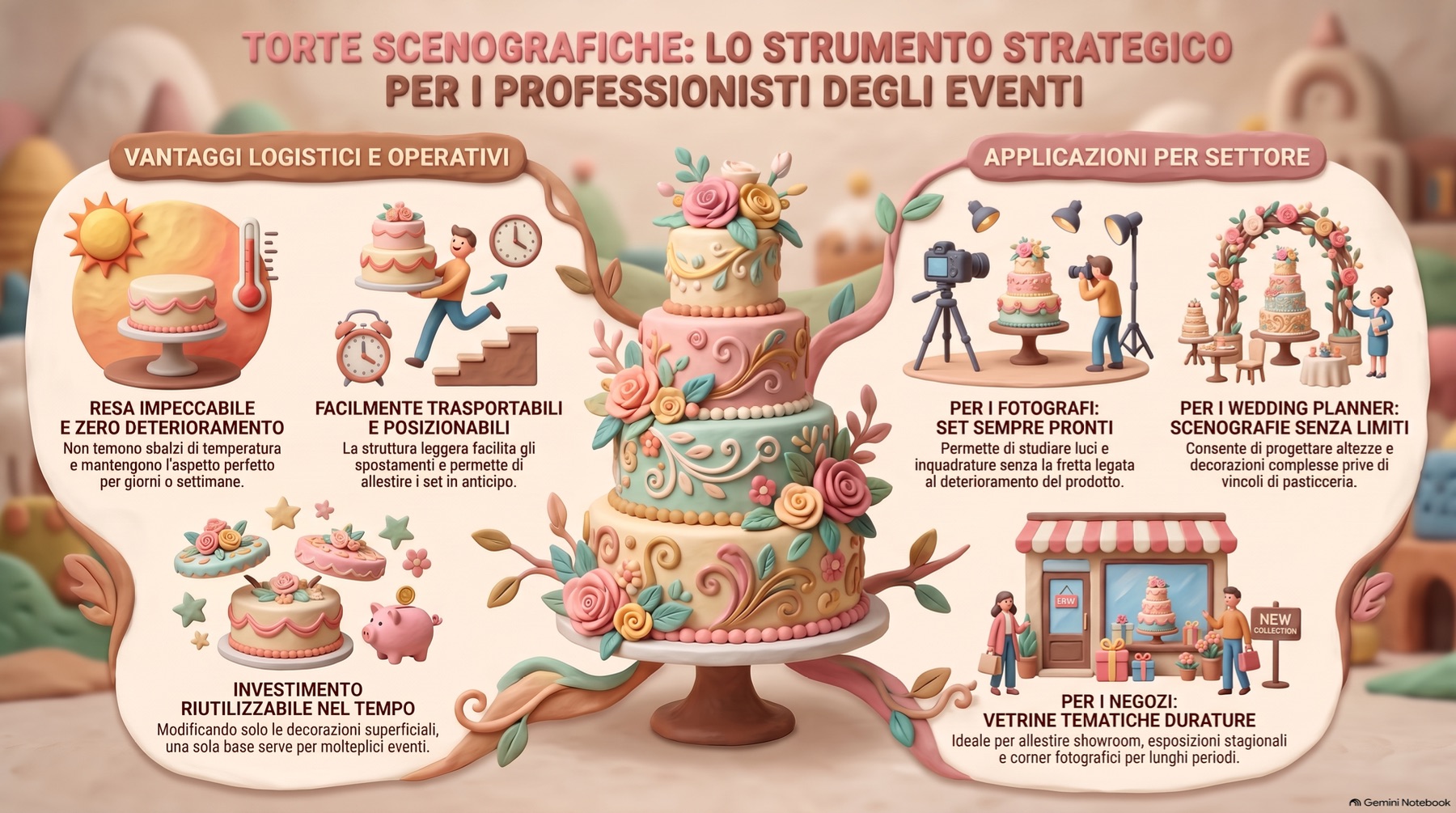 Infografica sulle torte scenografiche finte, con una torta a piani dai colori pastello e decorazioni floreali, affiancata da esempi per fotografi, negozi e wedding planner.